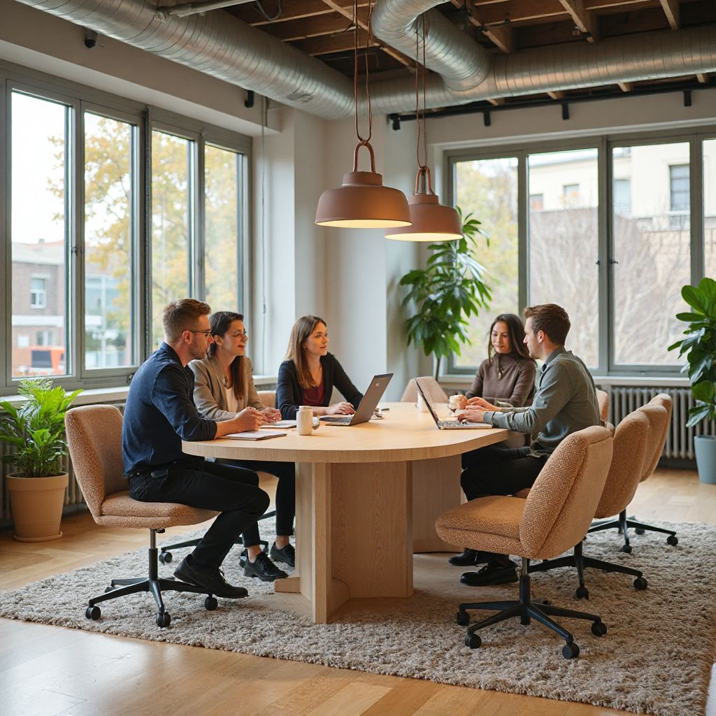 Modern collaborative workspace with biomorphic furniture and natural lighting for team meetings